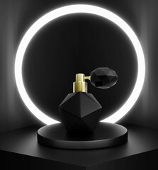 Perfume bottle on Black cylinder for product display, Neon glass ring background. 3D render