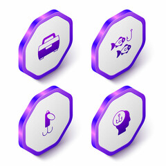 Set Isometric Case or box for fishing equipment, Fishing hook with, lure and Fisherman icon. Purple hexagon button. Vector