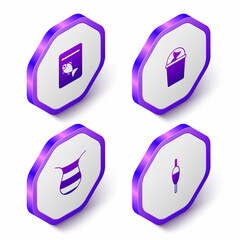 Set Isometric Served fish on plate, Fishing bucket with, net and float icon. Purple hexagon button. Vector
