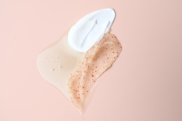 Various cosmetic creams on pastel background. Background of cosmetic products strokes