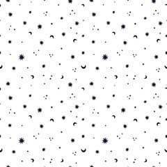 Seamless pattern with stars and moons. Black and white simple pattern. Digital paper Festive pattern texture with stars. Nursery prints for textile, apparel, wrapping paper, clothing