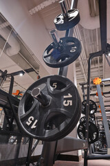 Gym and fitness room. Modern and big gym, fitness club weight training equipment gym.