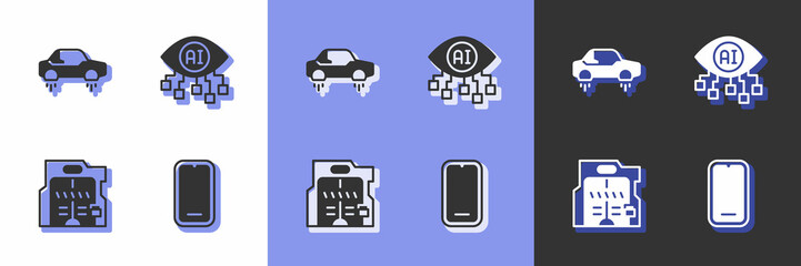 Set Mobile phone, Fantastic flying car, Futuristic sliding doors and Computer vision icon. Vector
