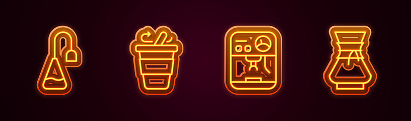 Set line Tea bag, Coffee cup to go, machine and Pour over coffee maker. Glowing neon icon. Vector