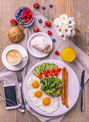 Breakfast, Fried Eggs, Salads, Coffee, Juice, Restaurant food