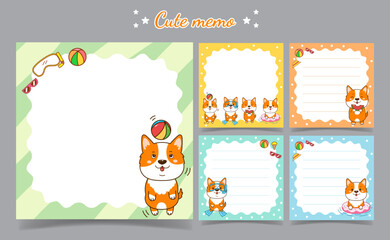 cute corgi dog cartoon summer memo notes Template for Greeting Scrap booking Card Design
