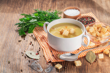 Cream Soup with Croutons on Served Table
