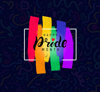 Pride month 2022 logo with rainbow flag. Pride symbol with heart, LGBT, sexual minorities, gays and lesbians. Banner Love is love. 2022 Designer sign, icon colorful brush strockes rainbow.