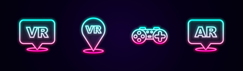 Set line Virtual reality, Gamepad and Augmented AR. Glowing neon icon. Vector