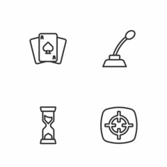 Set line Target sport, Old hourglass, Playing cards and Microphone icon. Vector