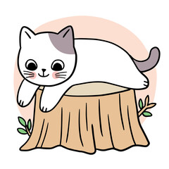 Cartoon cute cat and stump vector.