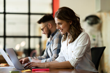 Colleagues in office. Businesswoman and businessman discussing work in office.