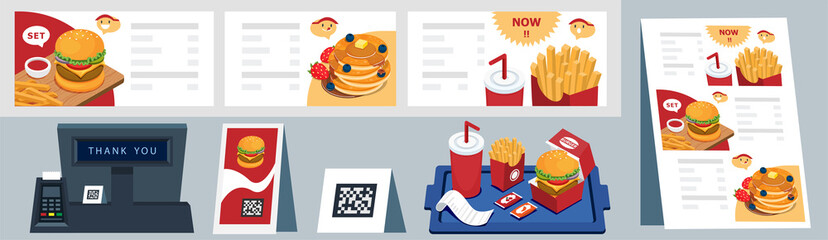 Illustration vector of fast food cashier couter at restaurant objects.