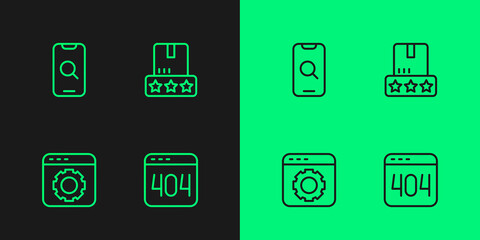 Set line Page with a 404 error, Browser setting, Magnifying glass and mobile and Consumer product rating icon. Vector