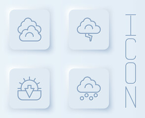Set line Cloud, and lightning, Sunset and Hail cloud. White square button. Vector