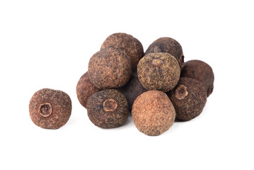 Pile of allspice isolated on white background. Jamaica pepper, allspice peppercorns or myrtle pepper.
