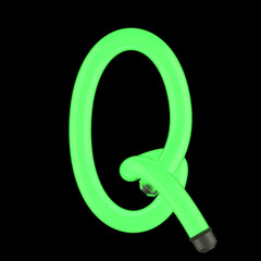 Obraz premium Letter Q made of green neon lamp, isolated on black, 3d rendering