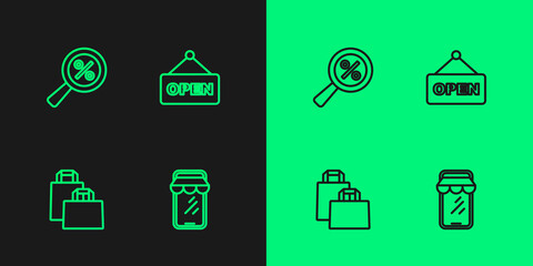 Set line Online shopping on phone, Paper bag, Magnifying glass with percent and Hanging sign text Open icon. Vector