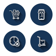 Set line Shopping cart and food, Online shopping on phone, Clock percent discount and Hand truck boxes with long shadow. Blue circle button. Vector