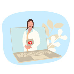 doctor woman in laptop for online medicine. Flat online illustration