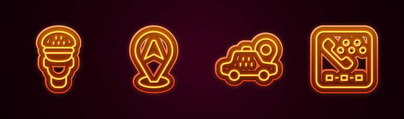 Set line Taxi driver, Location taxi car, and call telephone service. Glowing neon icon. Vector