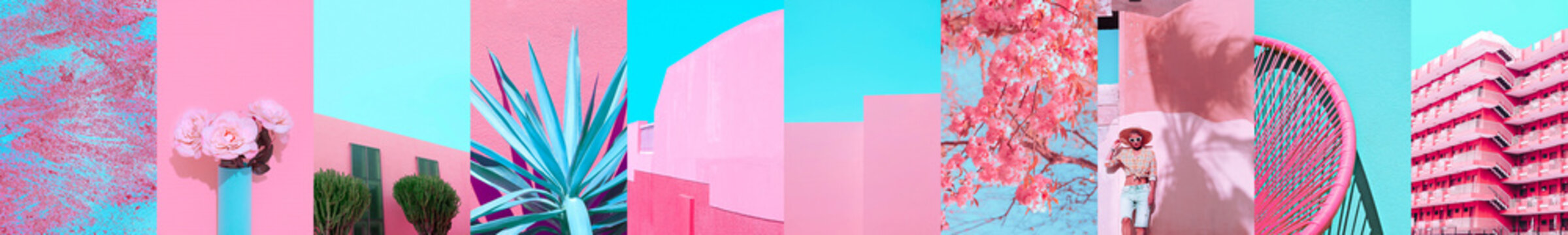 Set of trendy aesthetic photo collages. Minimalistic images of top colors. Pink and blue moodboard