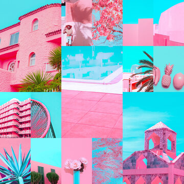 Set of trendy aesthetic photo collages. Minimalistic images of top colors. Pink and blue moodboard