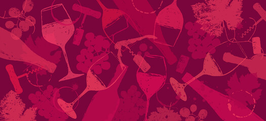 Background drawing with bottles, wine glasses, grapes, corkscrew and drops. Banner with illustration for wine design. reddish colors vector - obrazy, fototapety, plakaty