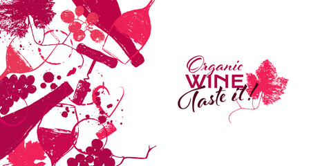 Background drawing with bottles, wine glasses, grapes, corkscrew, heart and drops. Banner with illustration for wine design. Reddish colors and white background. vector - 504346114