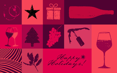 Background composition with drawings of wine and holidays graphics