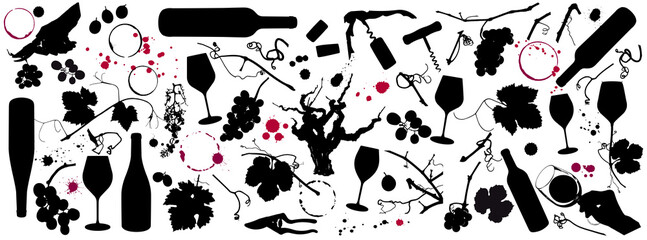 Silhouette drawings of wine elements. Stains and drops of wine, glass, bottle, tendrils, grapes, vine leaves, hand with glass, pruning shears, branches, corkscrew, grapevine. vector illustration - obrazy, fototapety, plakaty