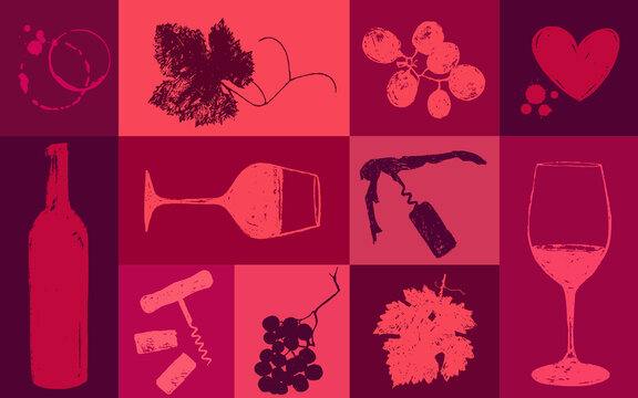 Background composition of wine drawings. collage with wine stains, vine leaf, grapes, heart, bottles, glass and corkscrew. Vivid colors of wine. vector illustration