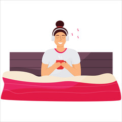 Young woman with coffee cup and headphones sitting on bed isolated on white. Home comfort concept rest after work or morning routine. Vector illustration