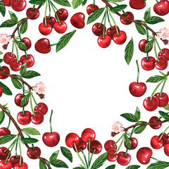 Square frame of cherries. Watercolor illustration. Isolated on a white background. For design.
