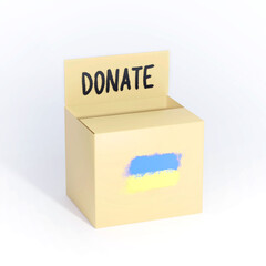 One  
closed carton box and Ukrainian flag for donate 3D on white background. Cardboard boxes mockups. Carton delivery packaging box. 3D illustration isolated white background