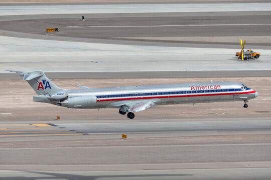 Las Vegas, Nevada, USA - May 6, 2013: American Airlines McDonnell Douglas MD-83 airplane on approach to land at McCarran International Airport in Las Vegas.