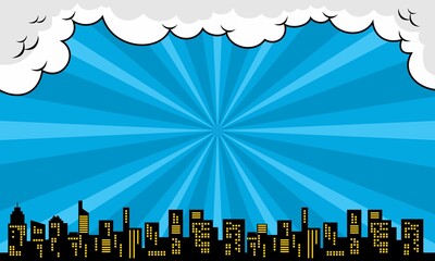 Comic cartoon background with cloud and city silhouette