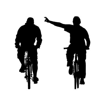 Cyclists Silhouette Isolated On White Background. Two Cyclist Riding Bicycle Front View.Biker Friends Outdoor Enjoying In Bike Driving.Urban Leisure Activities In Spring And Summer.Vector Illustration