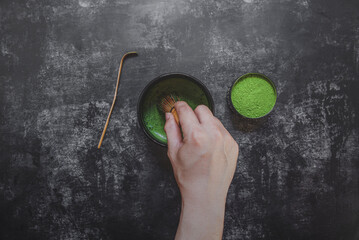 Japanese matcha green tea with bamboo whisk 
