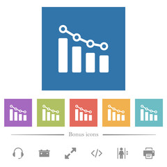 Bar graph with circles and lines flat white icons in square backgrounds