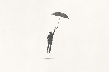 Illustration of man trying to fly with umbrella, surreal minimal concept - obrazy, fototapety, plakaty