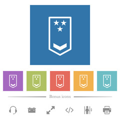 Military insignia with one chevron and three stars flat white icons in square backgrounds