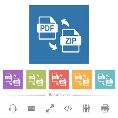 PDF ZIP file compression flat white icons in square backgrounds