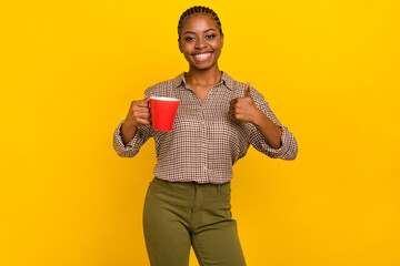 Photo of adorable confident lady dressed checkered shirt holding tea cup thumb up isolated yellow color background