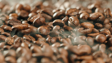 High Quality coffee production with coffe beans and smoke in oven