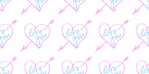 Vector seamless pattern of pink hearts with arrow and lettering love. Hand drawn texture, background for wrapping paper, greeting card, Valentine's day, wedding, declaration of love