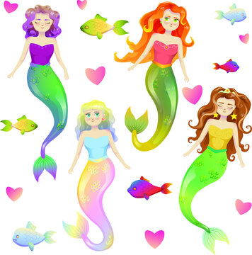 Vector set of mermaids. Cartoon mermaids princess with long hair of different colors for kids.