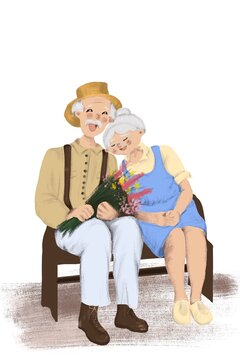 Old retired people couple having fun life after 50 age sitting on te bench