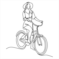 Fototapeta na wymiar One continuous line drawing of a girl riding bicycle. A cute woman enjoy riding her cycle in the morning to exercise. Healthy lifestyle theme isolated on white background. Vector minimalist style