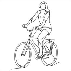 One continuous line drawing of a girl riding bicycle. A cute woman enjoy riding her cycle in the morning to exercise. Healthy lifestyle theme isolated on white background. Vector minimalist style